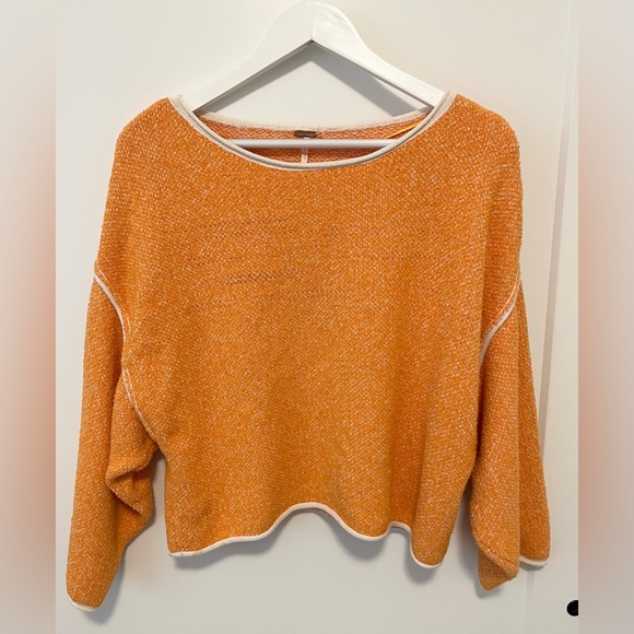 Free People Bardot Cropped Orange Textured Knit Boat Neck Long Sleeve Sweater XS - Picture 3 of 10